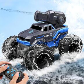 1:16 4WD التحكم عن بُعد شاحنة وحش الشاحنة جميع التضاريس برمائية RC قارب سيارة مع رذاذ الماء بندقية اثنين