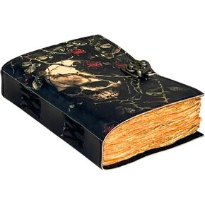 Dark Elegance Skull Journal – Handmade Antique Deckle Edge Paper Journal – 7x5 Inch Genuine Leather Notebook with Skull & Roses Design – Vintage Lock Closure – Personal Diary, Sketchbook & Gift for Writers