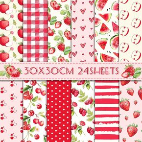 24 Sheets Fruit Scrapbook Paper 11.8'' x 11.8'' Apple Strawberry Watermelon Cherry Raspberry Red Fruits Pattern Paper Pad Summer Fruit Double-Sided Scrapbook Pad for DIY Background Card Making Origami