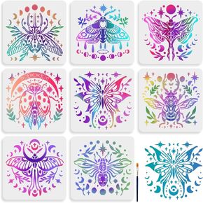 Mayjoydiy 8pcs Moth Moon Phasn stencil 11.8 × 11.8 بوصة كبيرة سحرية الفراشات الفراشة مع فرشاة الطلاء براعة أوراق نبات القمر رائعة للحرف اليدوية