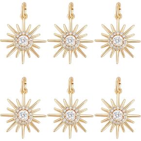 Beebeecraft 1 Box 6pcs Sun Charm 18K Gold Plated Zirconia Flat Round Round Senestial Solar Eclipse Prendants مع خاتم القفز لصنع المجوهر