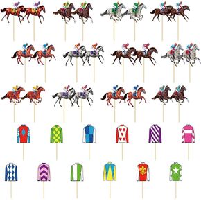 36 PCS Derby Cupcake Toppers, 12 Style Derby Party Decorations, Race Horse Cupcake Toppers Run for the Rose Toothpicks, Run for the Roses Theme Kentucky Decorations Horse Party Supplies