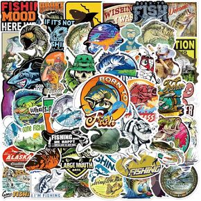 Oneshaw 50pcs Go Fishing Stickers Pack Pack Finproof Vinyl Leacals مثالية لزجاجة ماء Skateboard Carboard Carbool Luggage و Motorbikes (Go Fishing)