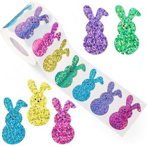 500 Pcs 1.5 Inches Easter Bunny Stickers for Kids and Adults, 5 Colors Glitter Laser Cartoon Rabbit Stickers Roll Self-Adhesive Labels for Easter Crafts, Party Favors, Scrapbooking, Spring Decorations