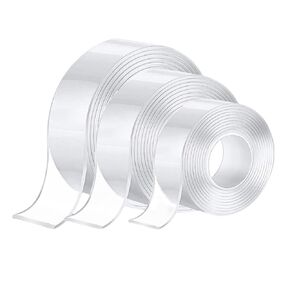 Swweetfamily Double Sided Tape Heavy Duty,Nano Double Sided Adhesive Tape(3 Rolls, Total 30FT),Clear Two Sided Wall Tape Strips,Removable Wall Tape Sticky Poster Tape Decor (1+3+5m)
