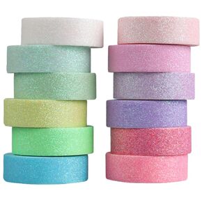 LOGOFUN 12 Rolls Glitter Washi Tape Set Colorful Masking Tape DIY Craft Art Scrapbook Tape (15mm)
