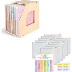 Caydo Wood Paper Storage Organizer, Slope Design Paper Storage Shelf for Holding 12 x 12 Inch Scrapbook Paper 12 Pieces Scrapbook Paper Storage with Sticky Index Tabs for Holding 12 x 12 In