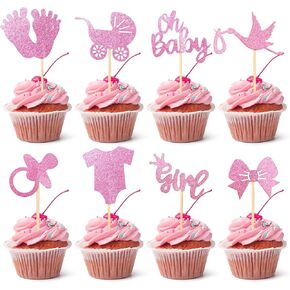 24 PCS Baby Girl Cupcake Toppers ، 8 أنماط Glitter Glitter Baby Shower Cupcake يختار الزخارف للاحتفال بالاستحمام الطفل فتيات عيد ميلاد ،