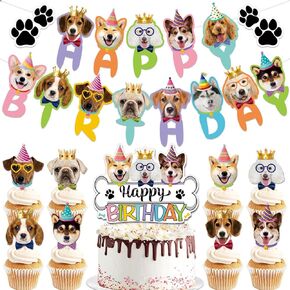 زخارف حفلة عيد ميلاد الكلب الأليف مجموعة 24pcs ، كيك الكلاب وكب كيك أدوات القبعات مع لافتة ، واقعية ديكور بطاقة الكلاب للحيوانات الأليفة لتوفيات حفل الاحتفال بالجرو