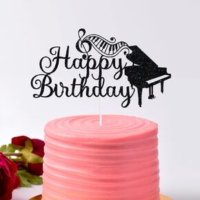 Glitter Happy Birthday Cake Topper - Music Bday Cake Pick ، ​​Piano Music Birthday Baby Shower Party Decorations Black