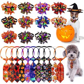 24pcs هالوين صغير الكلب من طوق القوس وعلاقات الرقبة ، والحيوانات الأليفة القابلة للتعديل الكلب bowties رقب مع شرائط مجعد ، جمجمة اليقطين شبح هالوين نمط الكلاب القوس العلاقات لتروق الكلاب الإكسسوارات