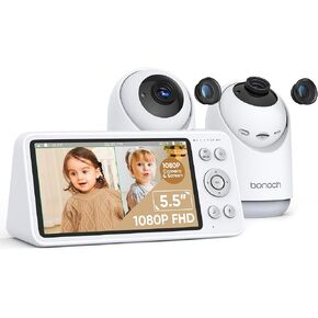bonoch Baby Monitor with 2 Cameras - 1800ft Ultra Long Range Split Screen Dual Baby Monitor No WiFi with Camera and Audio, 7800 mAh, Auto Night Vision, 110° Wide-Angle, Recording & Playback, VOX