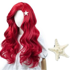 Aicos Little Mermaid Cosplay Cosplay for Kids Long Red Wavy شعر مستعار مع مقطع Starfish لحفلة أزياء الهالوين