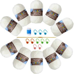 LIHAO 10PCS Acrylic Yarn Skeins Milk White Yarn, Crochet and Knitting Starter Kit (Total 175 Yards)