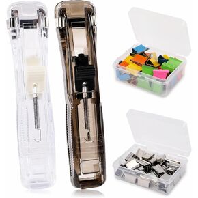 2 Pcs Clam Clip Dispensers Recyclable Handheld Paper Clip Dispenser with 100 Pcs Clam Clip Refills Portable Fast Paper Clipper for Desktop Document Office School Home (Black and Transparent)