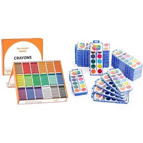 Shuttle Art 720 Crayon Bulk Class Pack Bundle - 720 Count 18 Assorted Colors with 40 Crayons per Color + 30 Pack 12 Colors Watercolor Paint Set Bulk