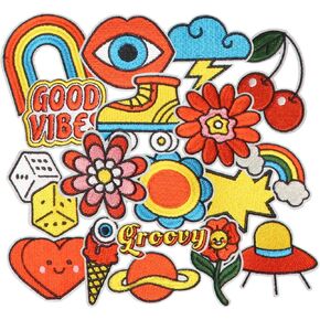 18PCS Retro Groovy Iron on Patches, Funky Cute Hippie Boho Embroidered Repair Patches for Clothes, Custom Vintage Applique for Girls, Hats, Jeans, Jackets, Bags, Backpacks, Dress, Shoes