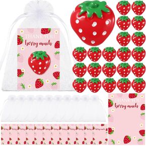Weysat 24 Sets Strawberry Baby Shower Party Favors Include Thank You Berry Much Cards Strawberry Resin Charms and Organza Bag Thank You Gift for Sweet Birthday Party Bridal Shower Gender Reveal Decor