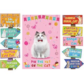 HOOQICT PIN The HAT ON the Cat Party Game & 20pcs Cat Party Sign Cat Decortations for Birth