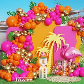 141Pcs Hot Pink and Orange Balloons Arch Garland Kit Flamingo Foil Balloon for Tropical Luau Theme Birthday Decorations Hawaiian Beach Pool Wedding Party Backdrop