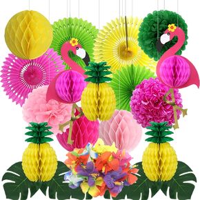 Adlkgg Tropical Flamingo Palm Leaf Banner Party Decorations ، Hanging Paper Fansres Paper PoM Poms Flower Flower Tissue لعيد ميلاد الطفل صيف هاواي حفلة البكالوريوس