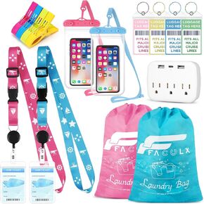 FACULX Cruise Accessories Kit for Two People, Cruise Essentials Include Luggage Tags, Lanyards for Cards, Laundry Bags, Phone Bags, Power Strip for Carnival Cruise Must Haves Kit (Pink Blue)