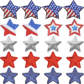 24 PCS 5 Star Sele Sew Patriotic Iron على Glitter Glitter 5 Patches Patches Patches Day Day Patches for Adex Red Blue Silver Stars for Jeans Jansets Diy Crafts