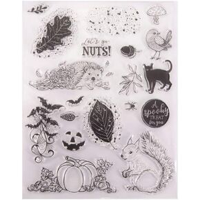 Happy Happy Halloween Spooky Treat Dumpkin Nuts Squirrel Bat Black Cat Rubber Stamps Clear Clear Tuper