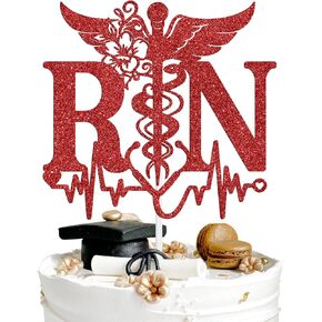 RN Cake Topper, Congrats Nurse Grad, Future RN/BSN/CNA/LPN/NP/PA, Nursing School Survivor, Medical School Graduation Party Decorations Supplies, Red Glitter