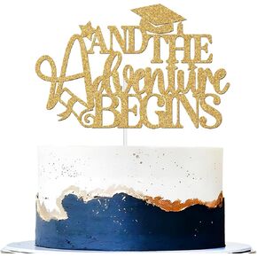 And the adventure Begins Cake Topper, Onto the Next Chapter/Adventure Awaits, Congrats Grad Graduation Party Decorations Supplies, Gold Glitter