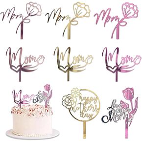 Happy Mother's Day Cake Toppers Flower Heart Love Mom Dessert Cake Food Acrylic Accessories Party DIY Decorations Supplies 8 Pcs
