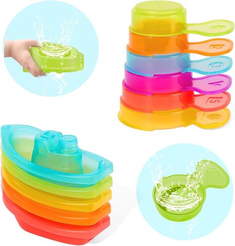 Baby Bath Toys for Kids Ages 1-3, 11 PCS Mold Free Toddler Bath Toys for 2-4 Bathtub, Water Table, Pool Toys Stackable Boats and Spoons for Babies 6-12 Months Early Learning Educational Gift in Kuwait