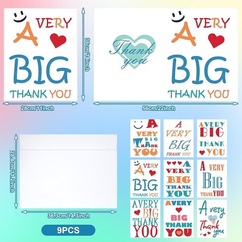 Jetec 9 Sets Big Thank You Cards with Envelope 14 x 22inch Jumbo Giant Appreciation Card Oversize Large Greeting Message Notes for Thanksgiving Teacher Nurse Week Wedding Gift, 9 Designs(White Style) in Saudi Arabia