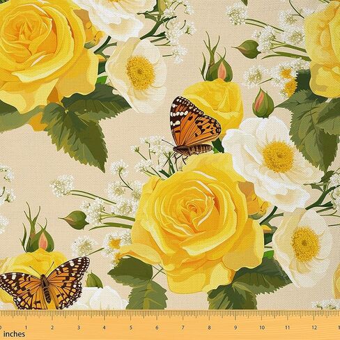 Erosebridal Rose Upholstery Fabric 1 Yard,Yellow Floral Fabric by The Yard,Butterfly Decorative Fabric for Kids Girls,Spring Garden Nature Rustic Indoor Outdoor Fabric for Quilting Sewing in Saudi Arabia
