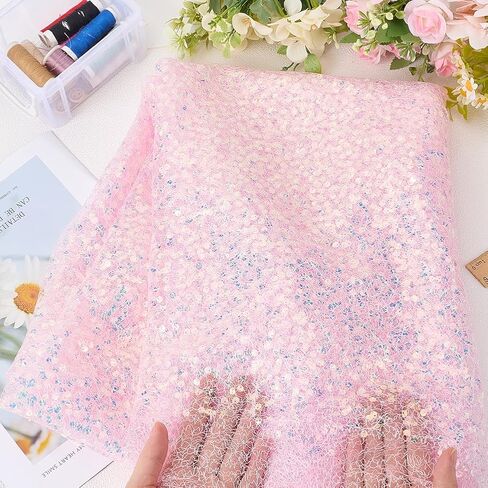 2 Yards Iridescent Purple Sequin Mesh Metallic Fabric By the Yard Pastel Glitter Bling Sparkle Sequins Bead Lace Netting Fabric for Sewing Making Crafts Dress Party Costumes Home Cloth Decor in Saudi Arabia