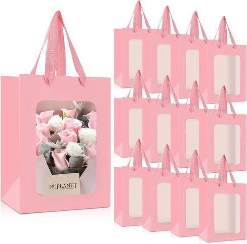 Bakbania 12 Pack Gift Bags with Window Kraft Paper Bags Shopping Bags 9.8 x 7.1 x 5.1 Inch Tote Paper Bags with Handles for Valentine's Day,Wedding in Saudi Arabia