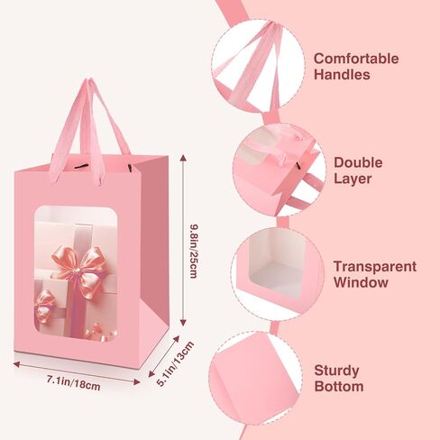 Bakbania 12 Pack Gift Bags with Window Kraft Paper Bags Shopping Bags 9.8 x 7.1 x 5.1 Inch Tote Paper Bags with Handles for Valentine's Day,Wedding in Saudi Arabia