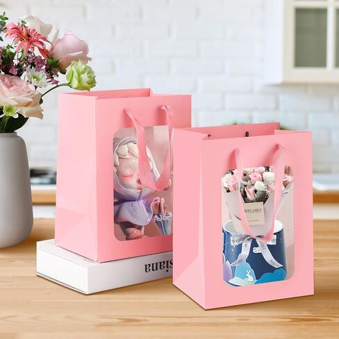 Bakbania 12 Pack Gift Bags with Window Kraft Paper Bags Shopping Bags 9.8 x 7.1 x 5.1 Inch Tote Paper Bags with Handles for Valentine's Day,Wedding in Saudi Arabia