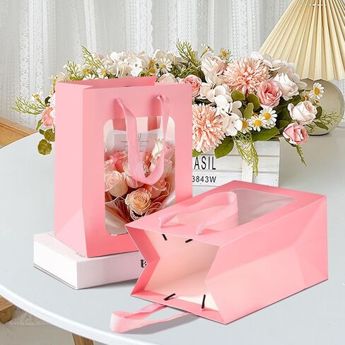 Bakbania 12 Pack Gift Bags with Window Kraft Paper Bags Shopping Bags 9.8 x 7.1 x 5.1 Inch Tote Paper Bags with Handles for Valentine's Day,Wedding in Saudi Arabia