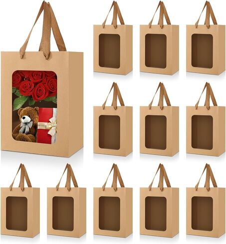 Bakbania 12 Pack Gift Bags with Window Kraft Paper Bags Shopping Bags 9.8 x 7.1 x 5.1 Inch Tote Paper Bags with Handles for Valentine's Day,Wedding in Saudi Arabia
