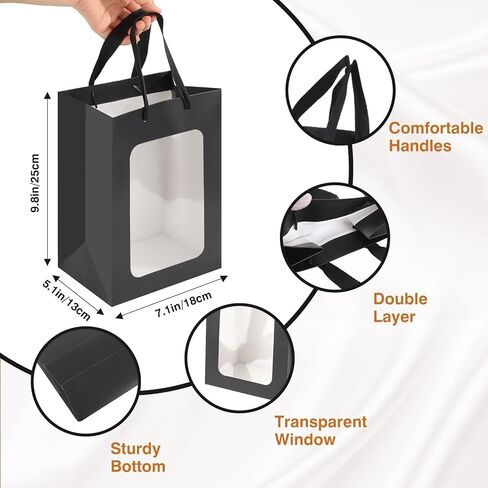 Bakbania 12 Pack Gift Bags with Window Kraft Paper Bags Shopping Bags 9.8 x 7.1 x 5.1 Inch Tote Paper Bags with Handles for Valentine's Day,Wedding in Kuwait