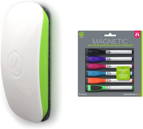 U Brands Magnetic Dry Erase Board Eraser, Felt Bottom Surface, 4.5 x 2.25 x 1 Inches & Low Odor Magnetic Dry Erase Markers with Erasers, Medium Point, Assorted Colors, 6-Count - 520U06-24 in Saudi Arabia