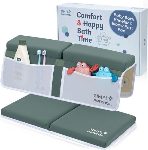 Baby Bath Kneeler and Elbow Rest Pad Set – Quick-Dry, Non-Slip Bath Kneeling Rest Pad for Bathing a Baby or Toddler, with Toy Organizer Pockets, with a Gift Box, Baby Bath Accessories for tub, Gray in Saudi Arabia