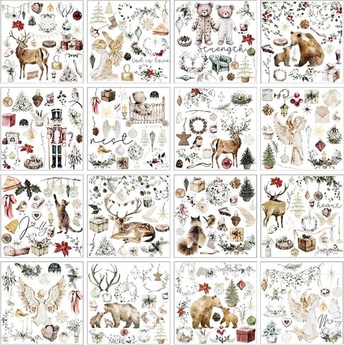 Dispowreath 16 Sheets Rustic Christmas Rub on Transfers for Crafts Xmas Tree Wreath Ball Socks Bell Stickers Rub on Decals Rub on Decals Wood Dairy Envelope Crafts, 5.9x5.9''(Boho Style) in Saudi Arabia