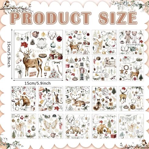 Dispowreath 16 Sheets Rustic Christmas Rub on Transfers for Crafts Xmas Tree Wreath Ball Socks Bell Stickers Rub on Decals Rub on Decals Wood Dairy Envelope Crafts, 5.9x5.9''(Boho Style) in Saudi Arabia