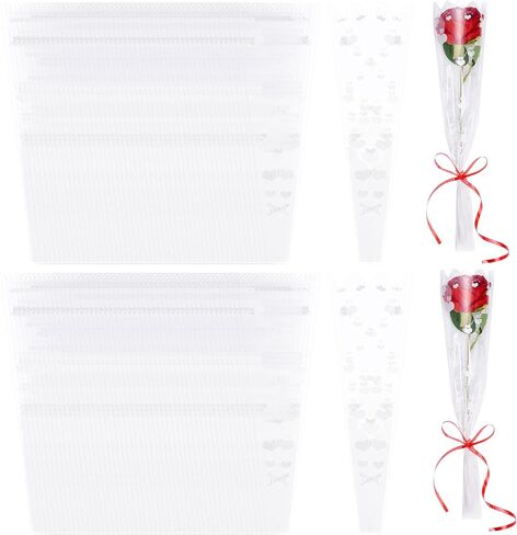 Hmxpls 100 Pcs Single Flower Sleeve Clear Single Rose Sleeve Flower Wrapping Bags Plastic Single Rose Packaging Bags for Birthday Wedding Flower Gifts Supplies (White) in Saudi Arabia