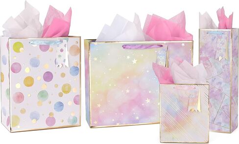 4 Pack Gift Bags Assorted Sizes Large Medium Small Paper Bags with Handles & Tissue Paper Reusable Colorful Polka Dots Stripes Stars Pattern Favor Gags for Party, Birthday, Mother's Day, Wedding Any in Saudi Arabia