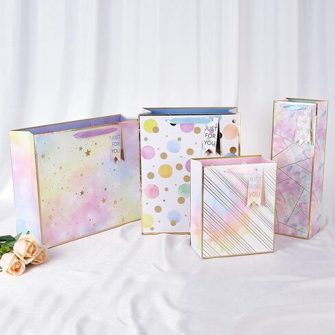 4 Pack Gift Bags Assorted Sizes Large Medium Small Paper Bags with Handles & Tissue Paper Reusable Colorful Polka Dots Stripes Stars Pattern Favor Gags for Party, Birthday, Mother's Day, Wedding Any in Saudi Arabia
