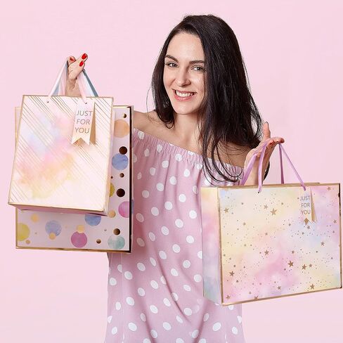 4 Pack Gift Bags Assorted Sizes Large Medium Small Paper Bags with Handles & Tissue Paper Reusable Colorful Polka Dots Stripes Stars Pattern Favor Gags for Party, Birthday, Mother's Day, Wedding Any in Saudi Arabia