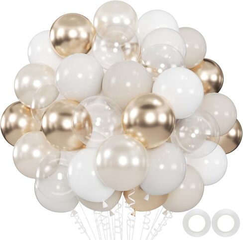 100pcs White and Gold Balloons - 12inch Sand White Metallic Champagne Gold Nude Pearl White & Clear Balloon for Baby showers, Wedding, Bachelorette, Graduation (with 66ft Ribbons) in Saudi Arabia